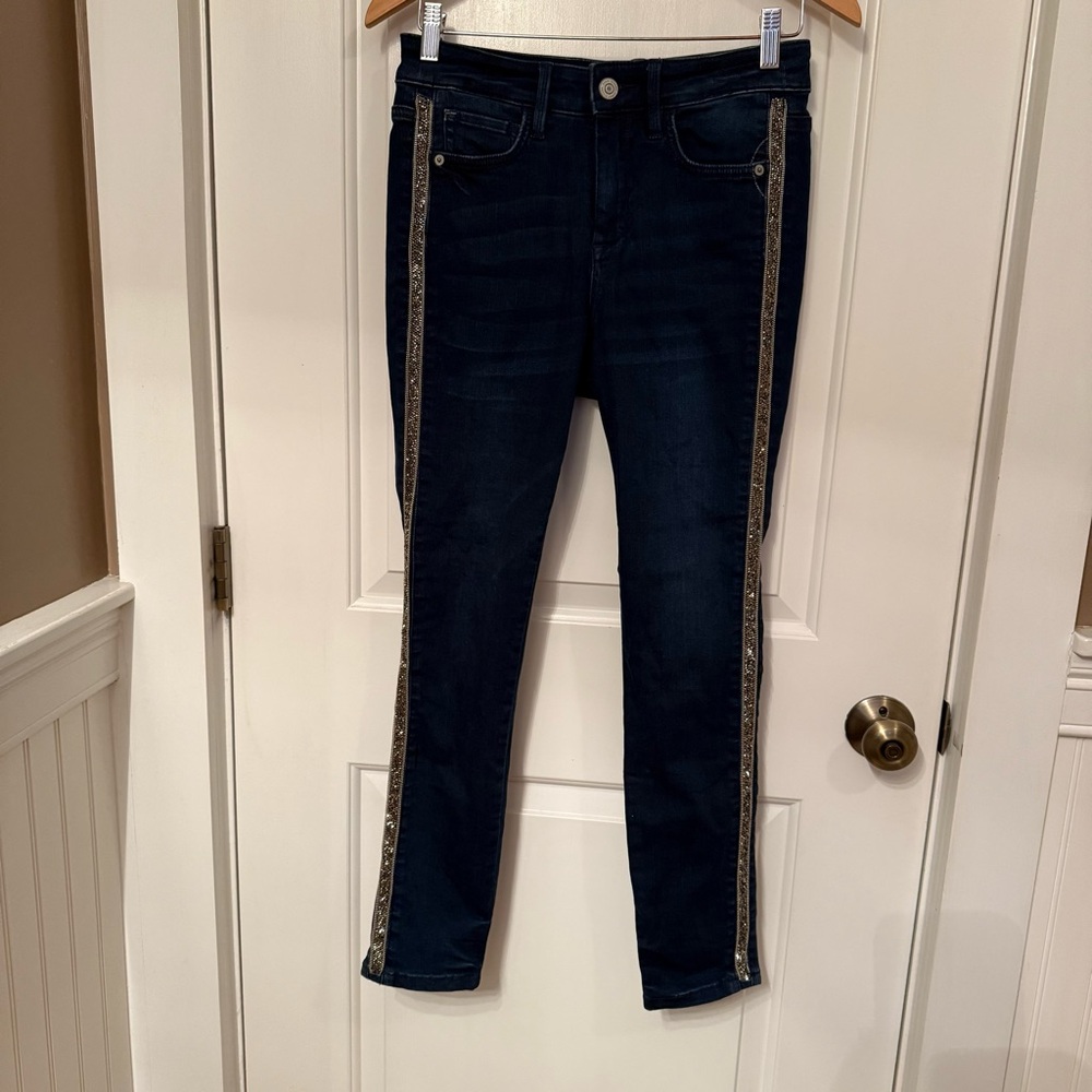 TOMMY BAHAMA JEANS HIGH RISE ANKLE DARK BLUE SEACOAST WASH BLING TRIM Sz 4 x 28